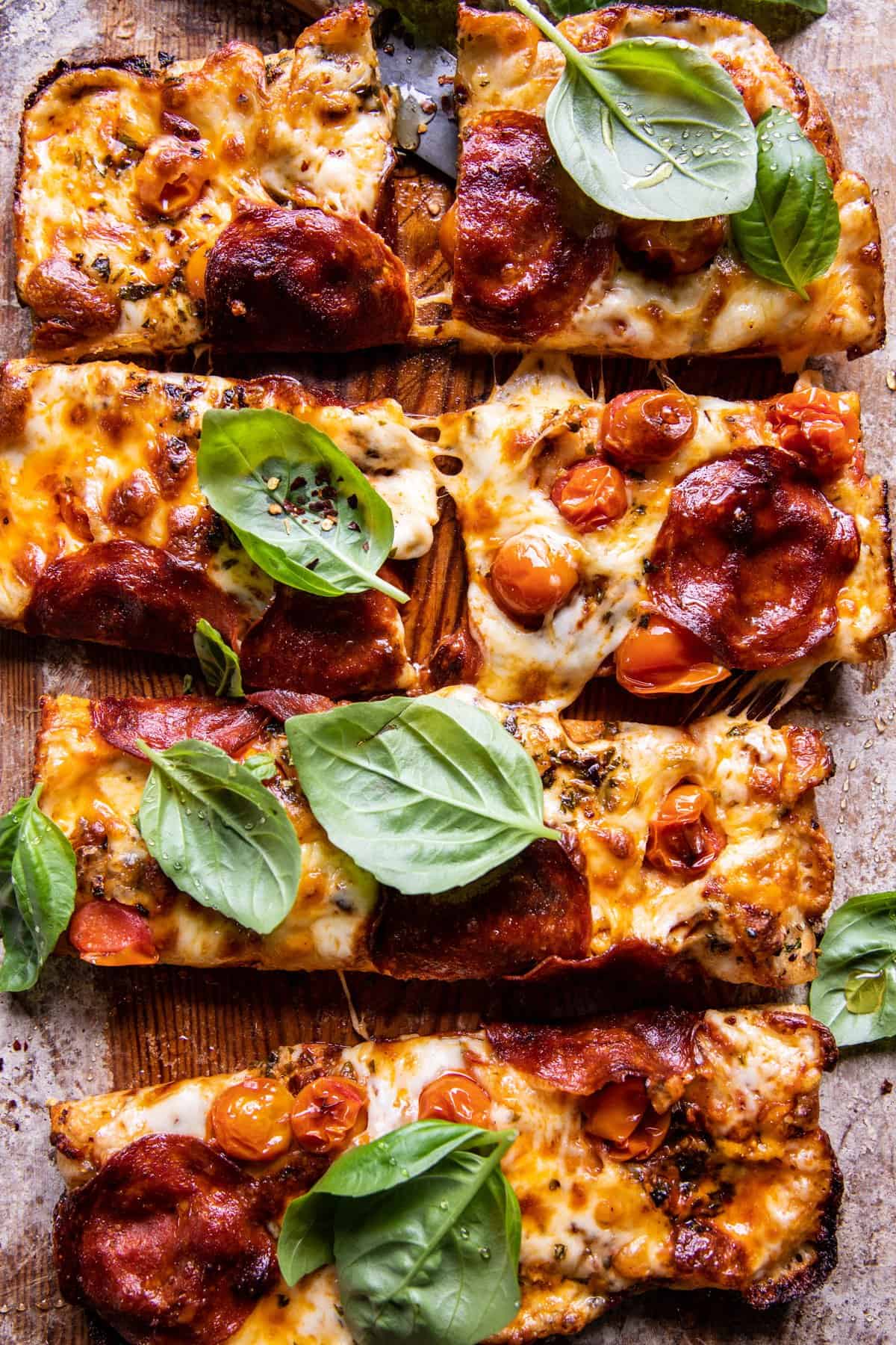 Detroit Style Tomato Herb Pepperoni Pizza | halfbakedharvest.com