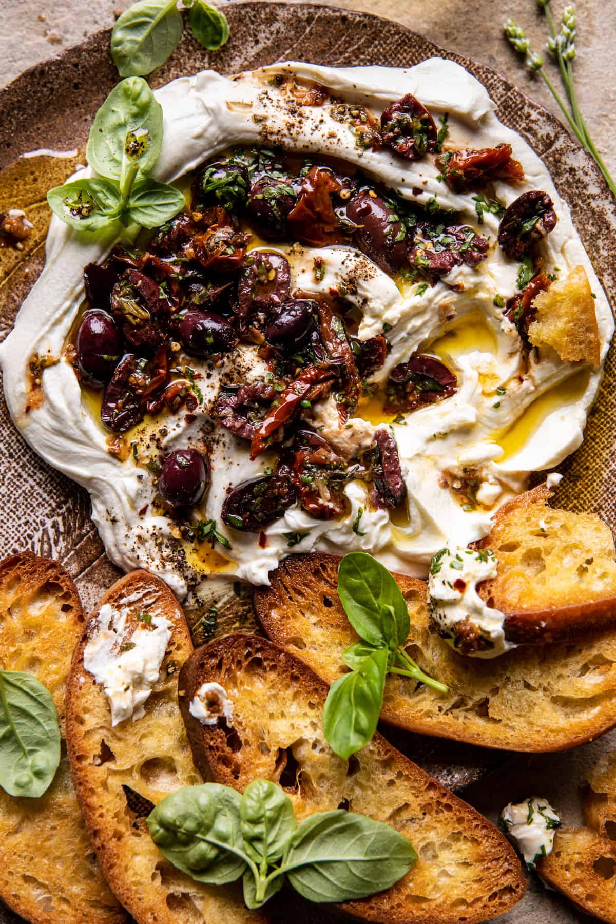 Honey Whipped Goat Cheese with Marinated Olives | halfbakedharvest.com