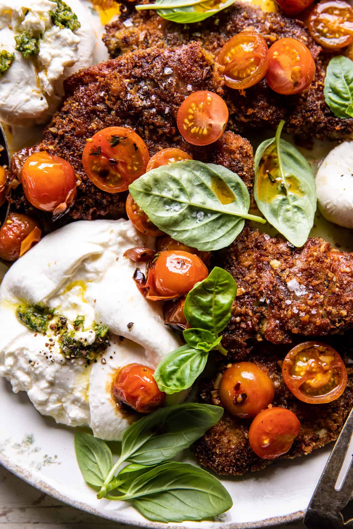 Pesto Chicken Saltimbocca with Burst Tomatoes and Burrata | halfbakedharvest.com