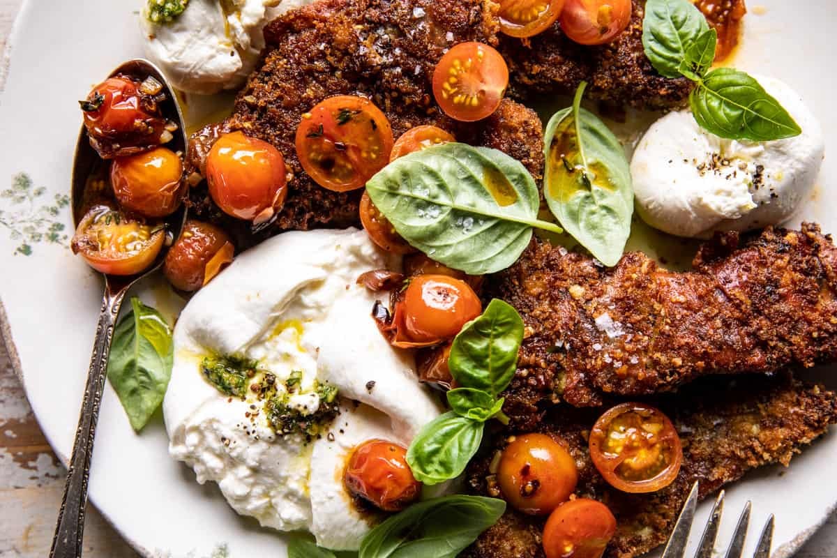 Pesto Chicken Saltimbocca with Burst Tomatoes and Burrata | halfbakedharvest.com