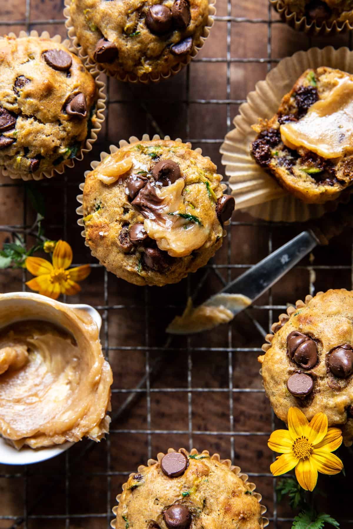 Chocolate Chip Zucchini Banana Muffinsย with Cinnamon Honey Butter | halfbakedharvest.com