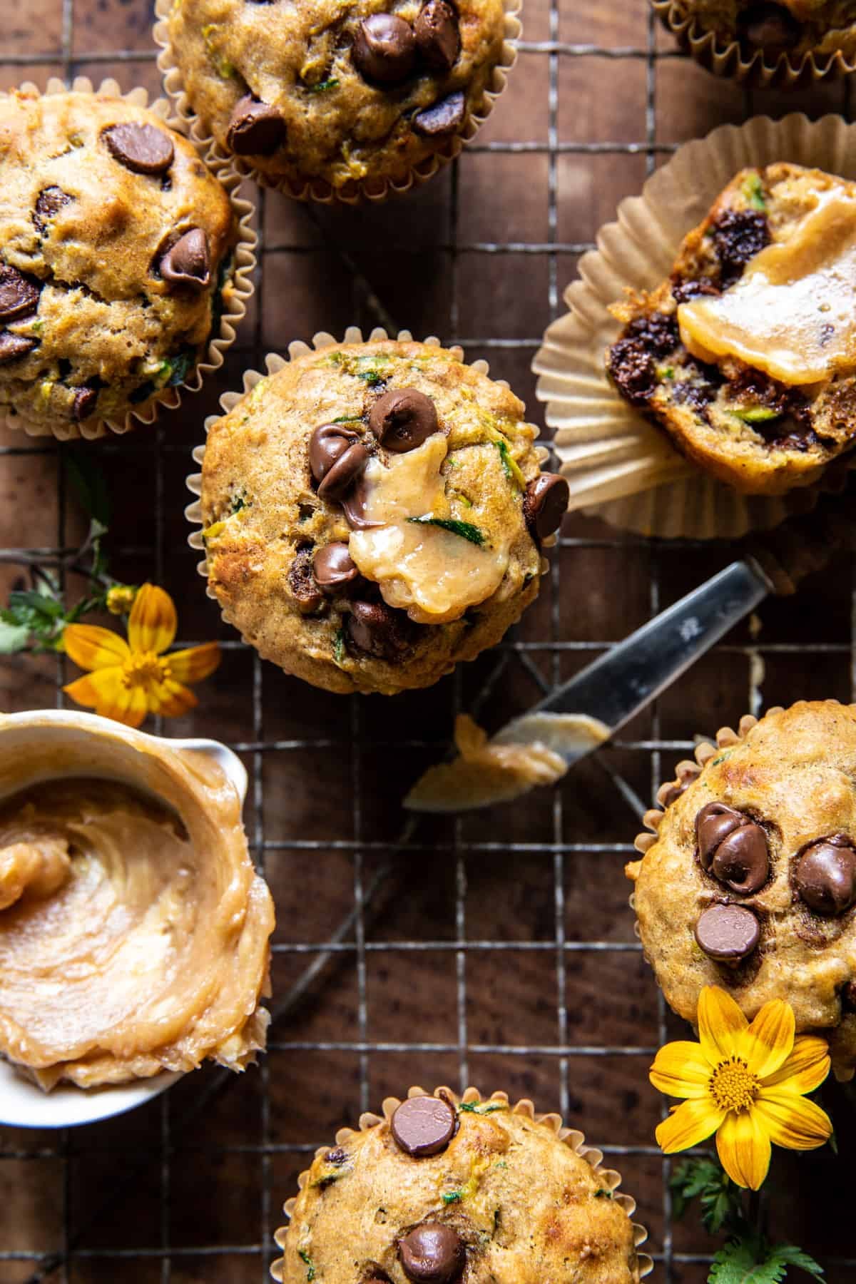 Chocolate Chip Zucchini Banana Muffins with Cinnamon Honey Butter | halfbakedharvest.com