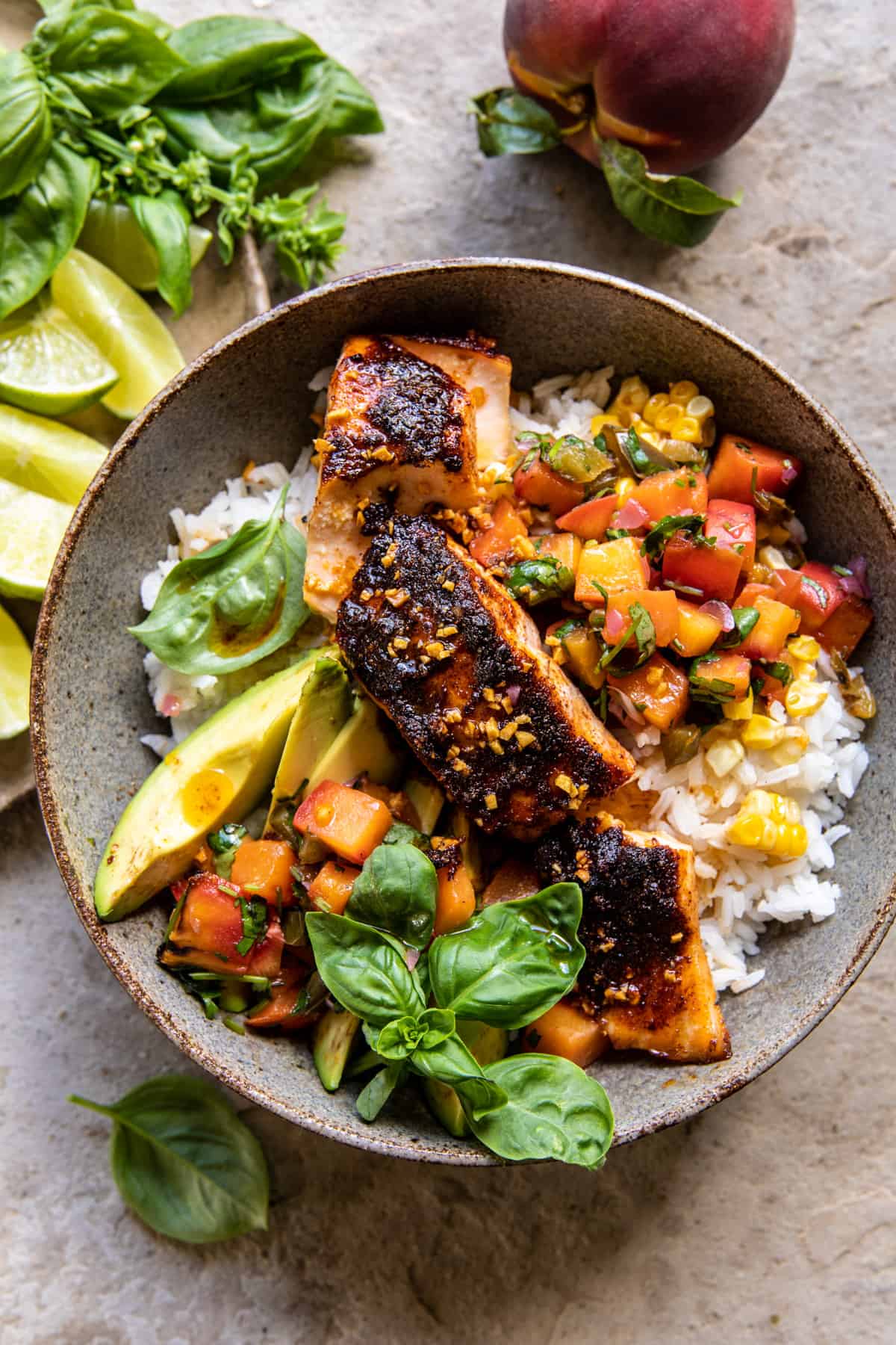 Crispy BBQ Salmon Bowls with Roasted Jalapenฬo Peach Salsa | halfbakedharvest.com