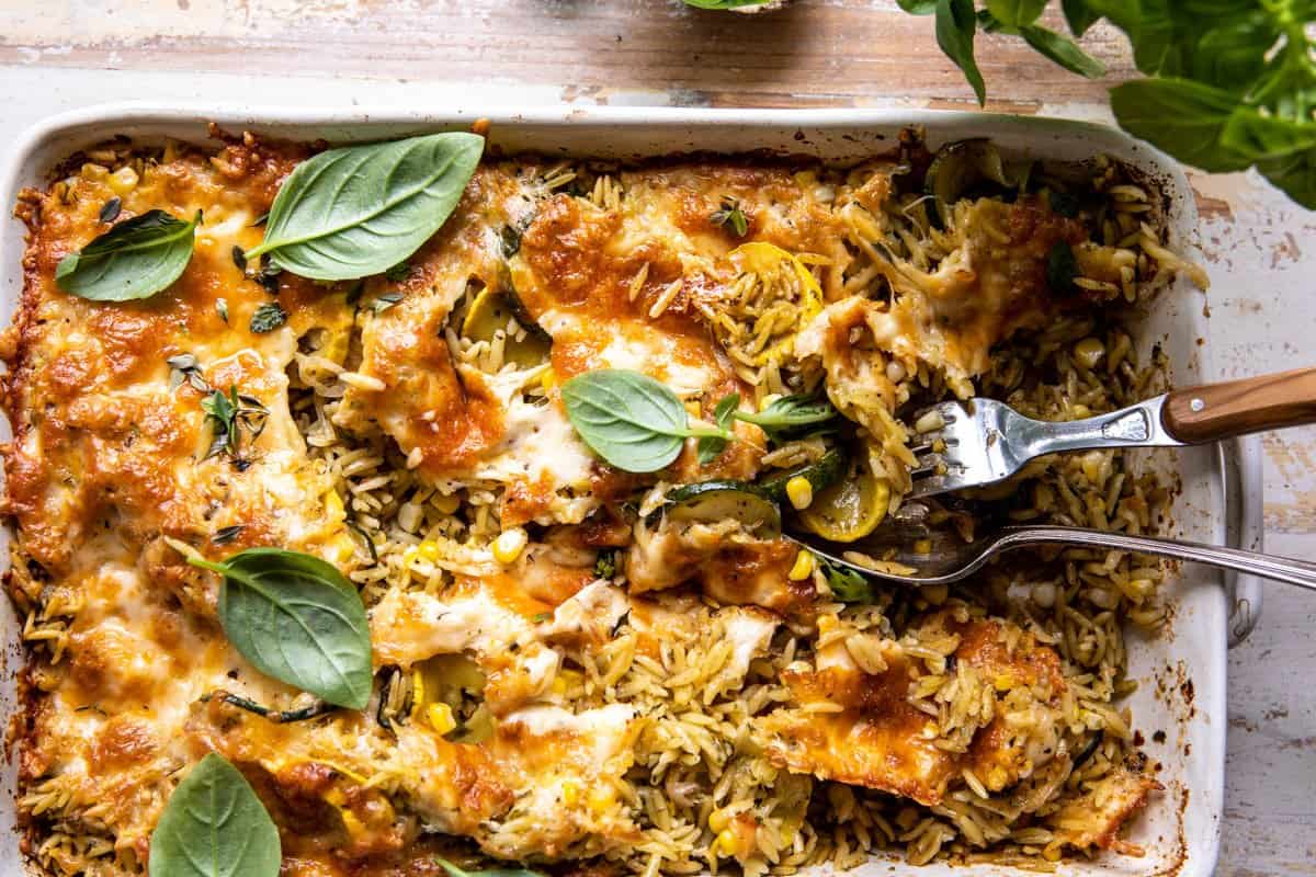 One Pan Corn and Zucchini Pesto Orzo Casserole | halfbakedharvest.com
