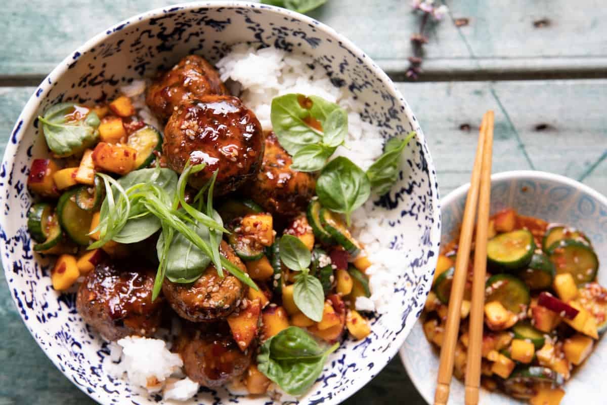 Sweet and Spicy Sesame Meatball Bowl with Mango Cucumber Salad | halfbakedharvest.com