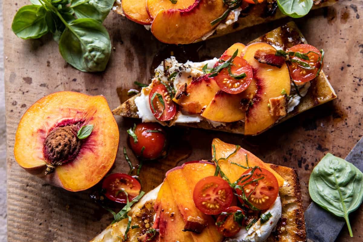 Tomato Peach Crostini with Hot Bacon Dressing | halfbakedharvest.com