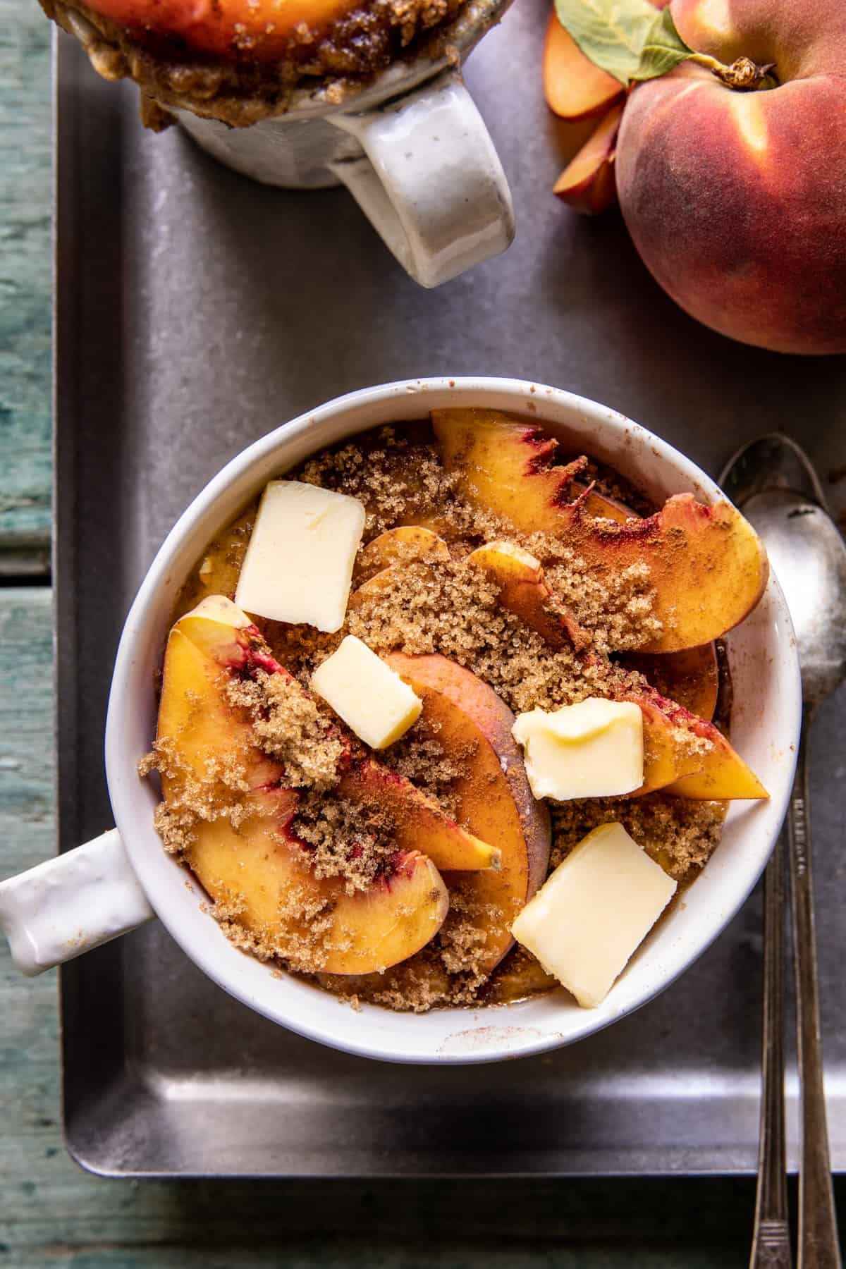 10 Minute Gooey Vanilla Peach Mug Cake | halfbakedharvest.com