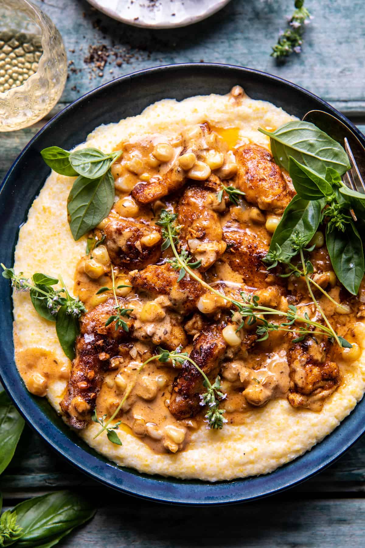 Creamy Garlic Corn Chicken with Cheesy Polenta | halfbakedharvest.com