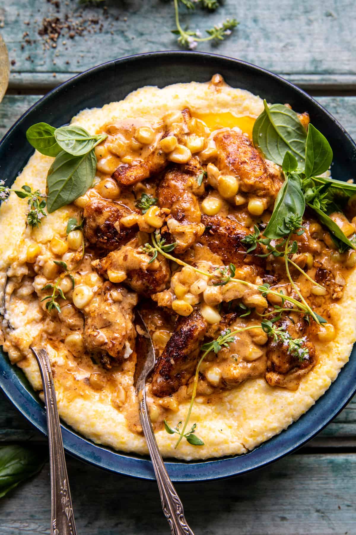 Creamy Garlic Corn Chicken with Cheesy Polenta | halfbakedharvest.com