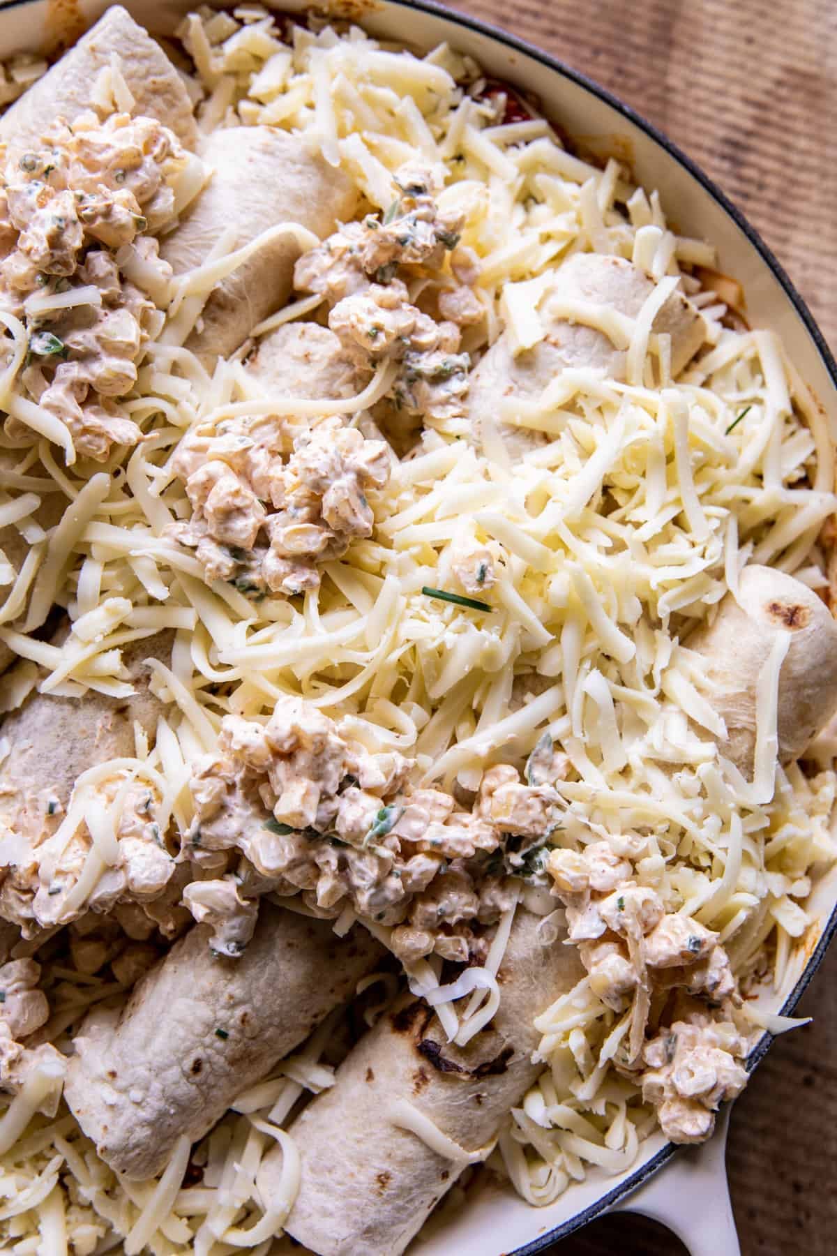 One Skillet Street Corn Chicken Enchilada Bake | halfbakedharvest.com