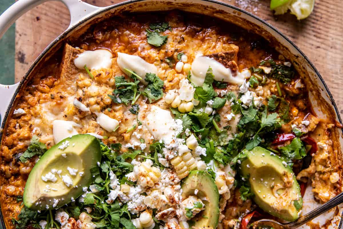 One Skillet Street Corn Chicken Enchilada Bake | halfbakedharvest.com