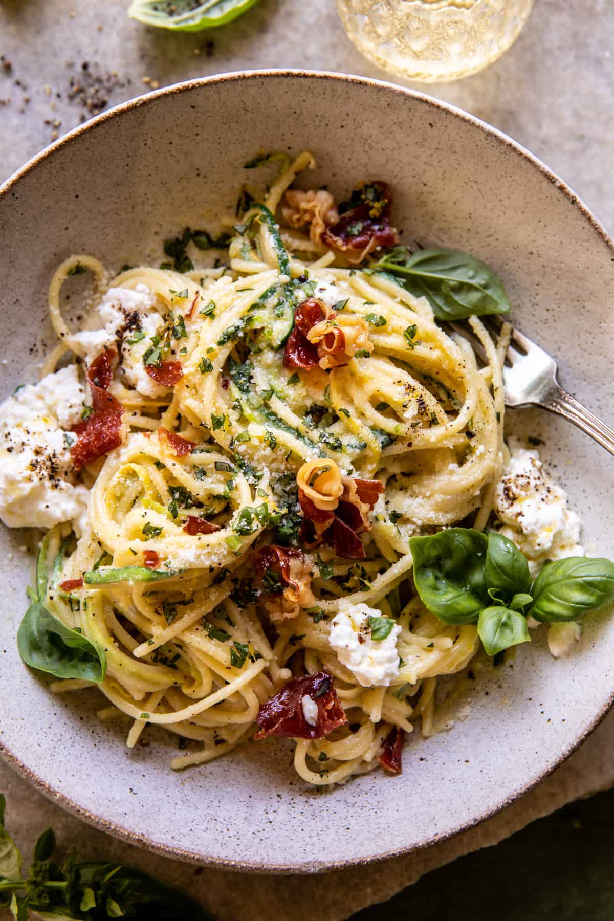 Zucchini Carbonara with Crispy Prosciutto and Burrata | halfbakedharvest.com