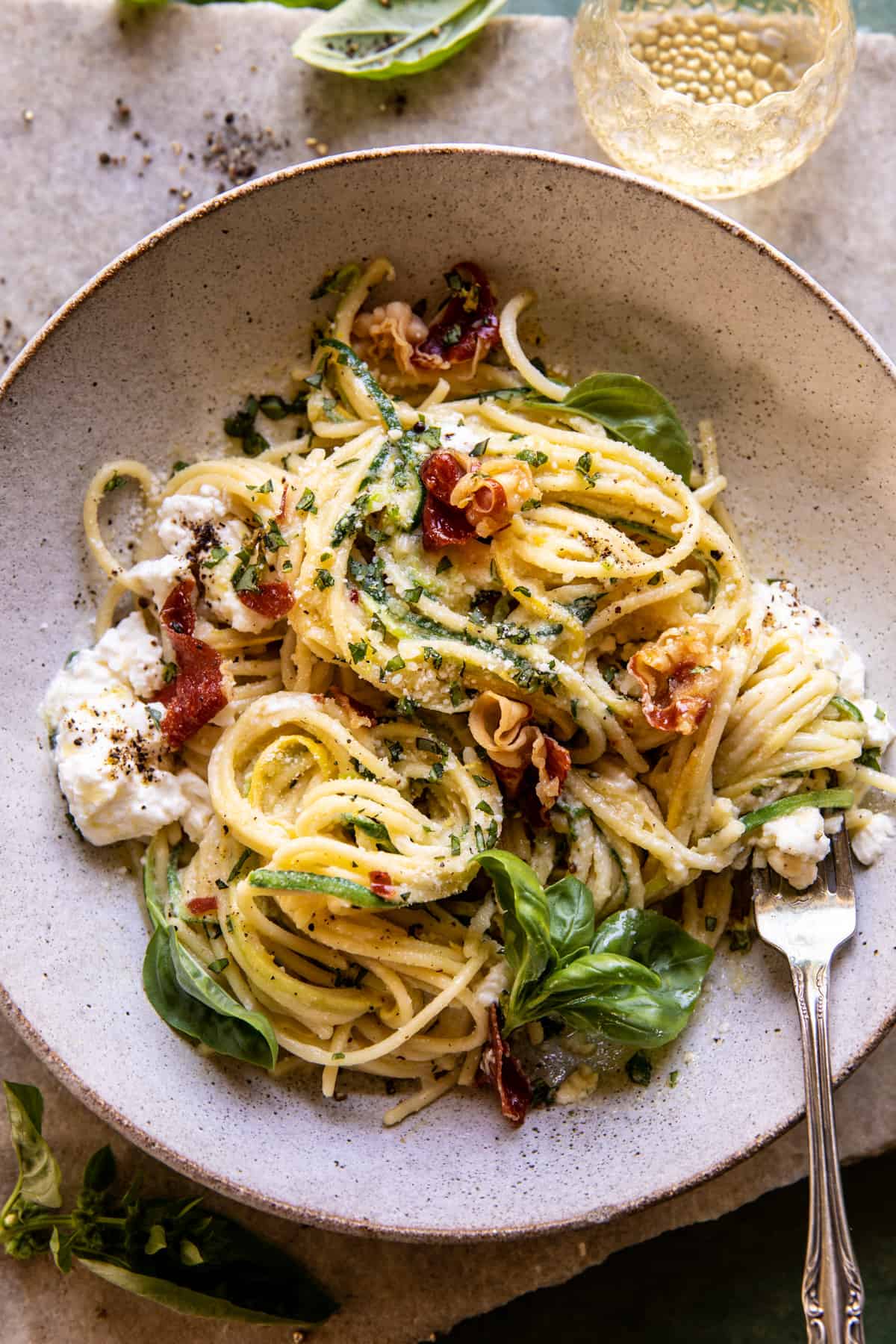 Zucchini Carbonara with Crispy Prosciutto and Burrata | halfbakedharvest.com