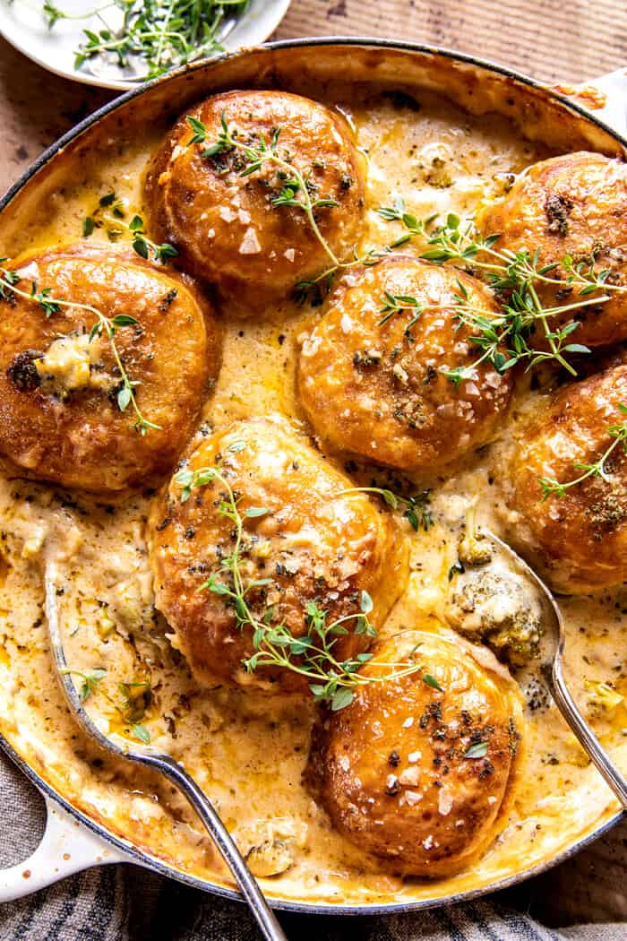 Creamy Broccoli Cheddar Casserole with Garlic Butter Pretzels | halfbakedharvest.com