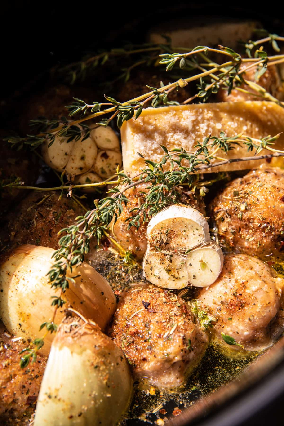 Crockpot Garlic Butter Chicken Meatballs with Creamy Orzo | halfbakedharvest.com