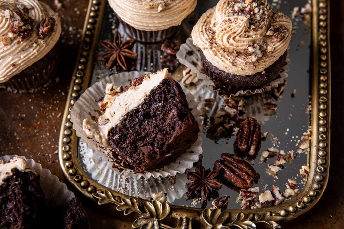Chocolate Bourbon Chai Latte Cupcakes with Butter Pecan Frosting | halfbakedharvest.com