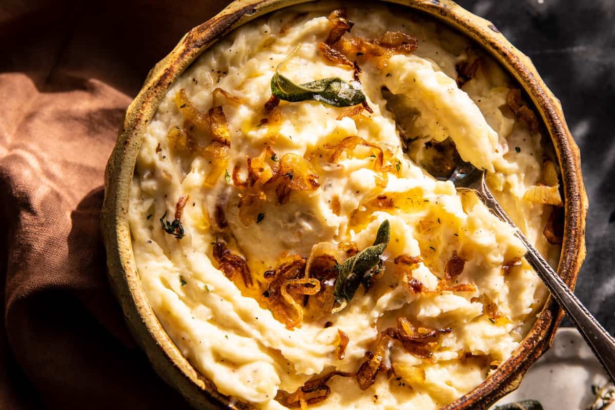 Crockpot Cheesy Mashed Potatoes with Caramelized Onions | halfbakedharvest.com
