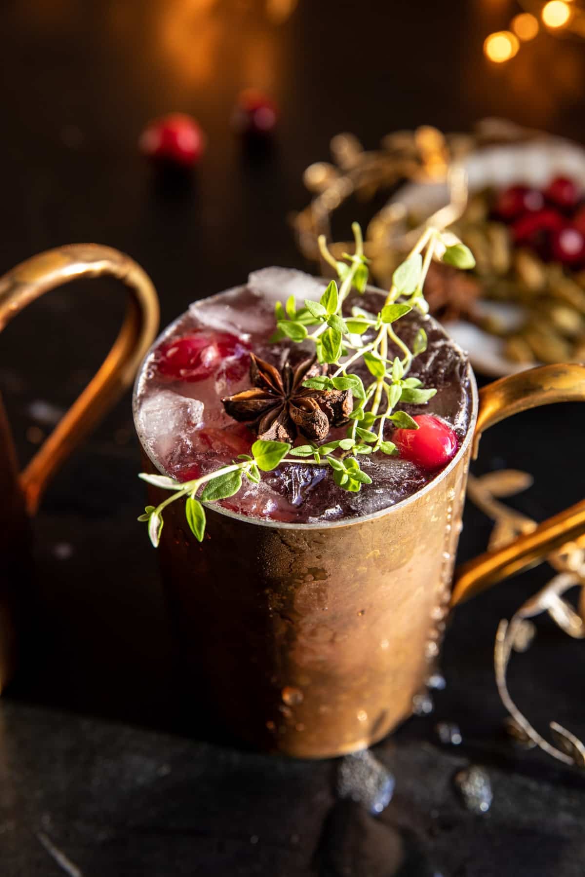 Spiced Cranberry Thyme Moscow Mule | halfbakedharvest.com