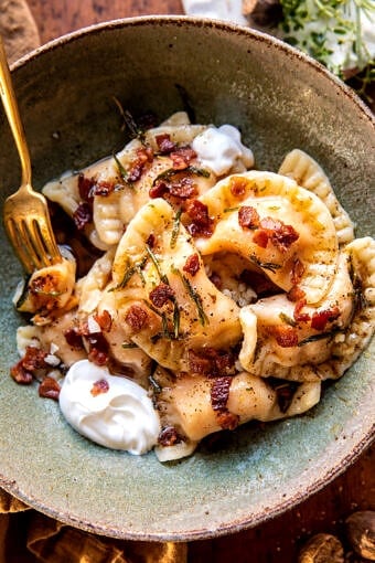 Sweet Potato Cheddar Pierogi with Bacon Bits | halfbakedharvest.com