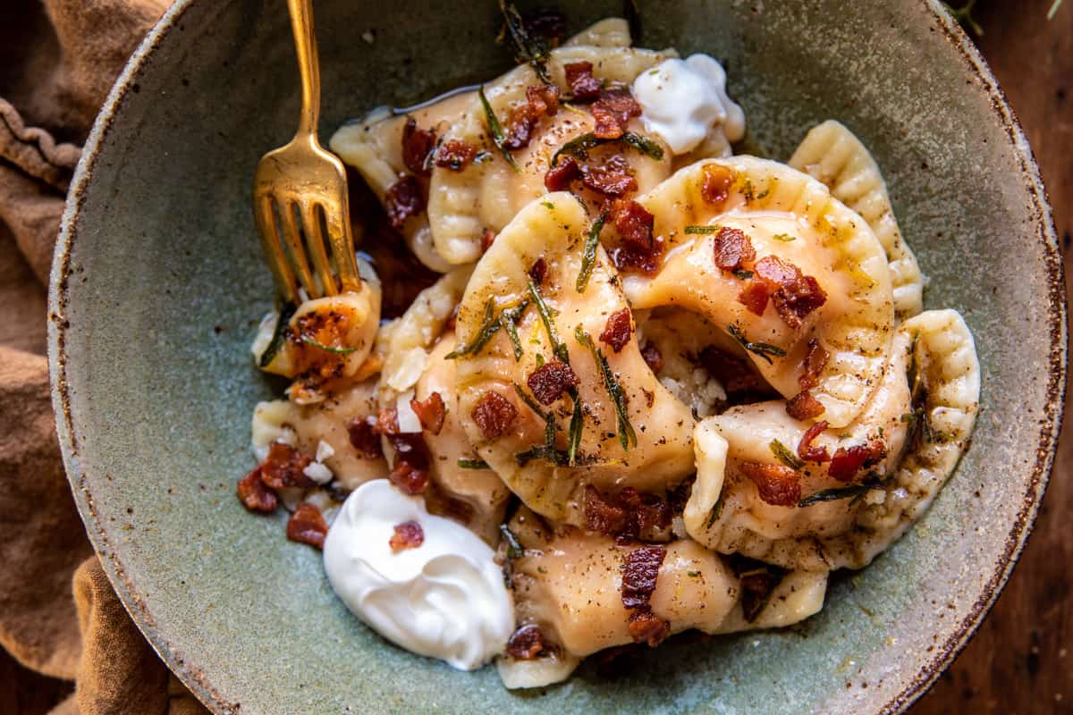Sweet Potato Cheddar Pierogi with Bacon Bits | halfbakedharvest.com