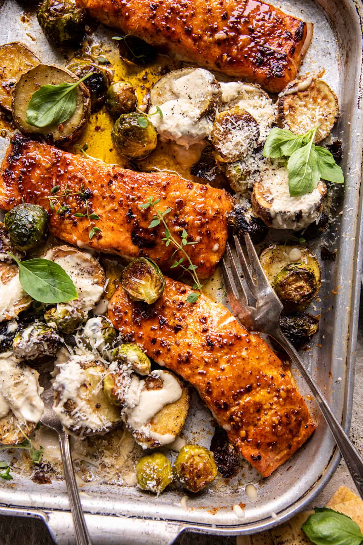 Sheet Pan Honey Mustard Salmon with Caesar Roasted Potatoes | halfbakedharvest.com