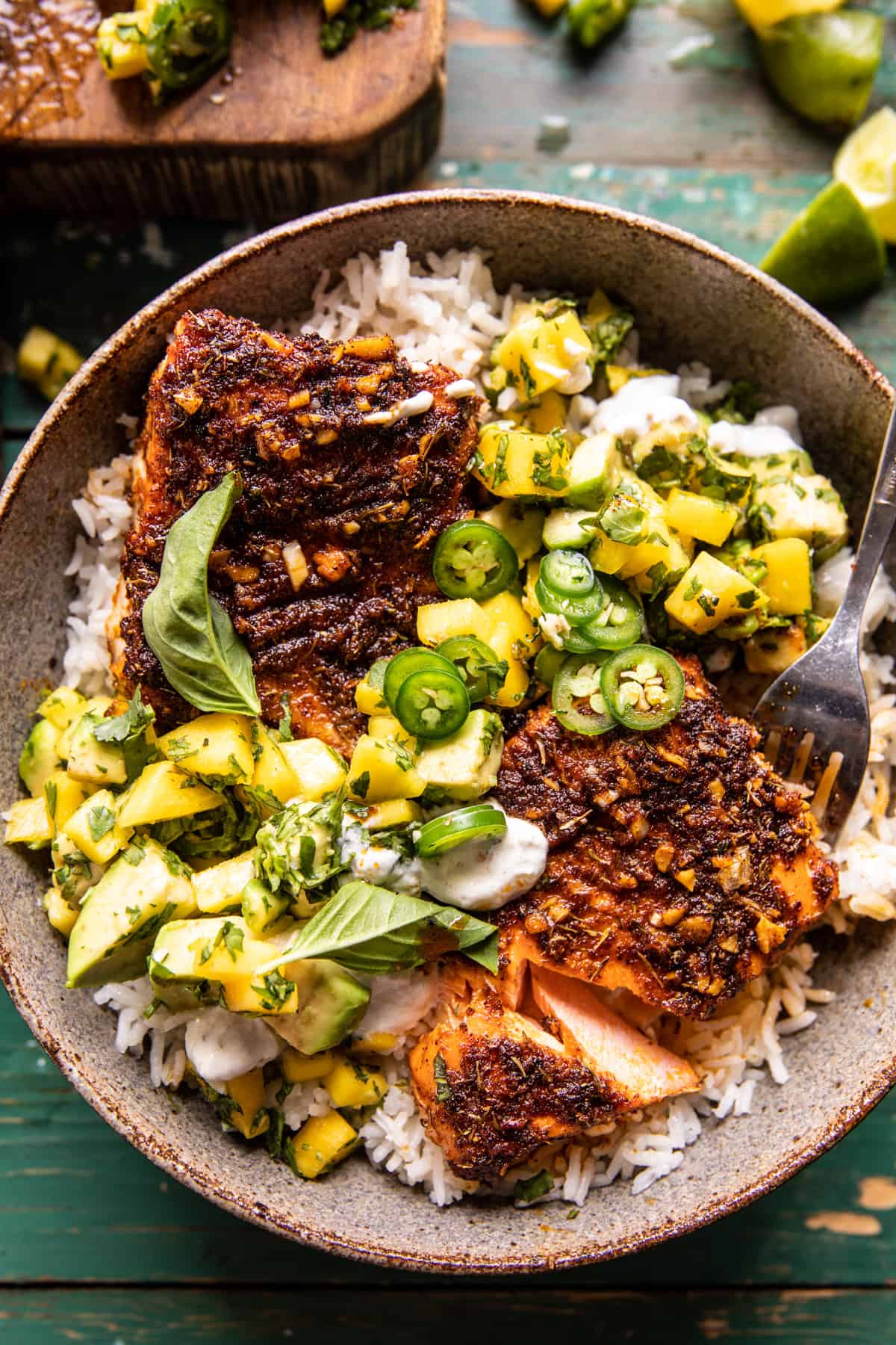 BBQ Salmon Rice Bowls with Mango Jalapeño Salsa | halfbakedharvest.com