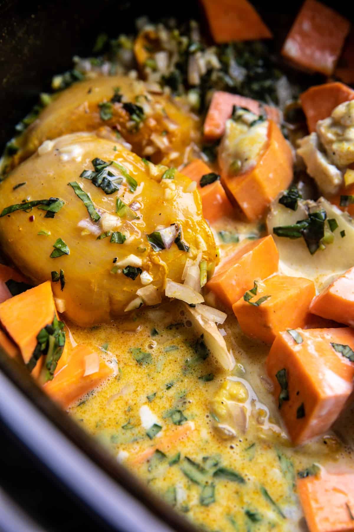 Crockpot Coconut Chicken Curry with Crispy Shallot Basil Oil | halfbakedharvest.com