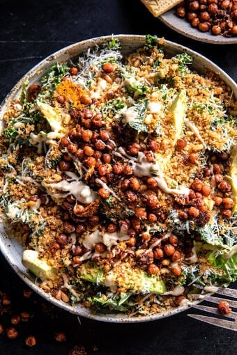 Parmesan Tahini Kale Salad with Breadcrumbs and Crunchy Chickpeas | halfbakedharvest.com
