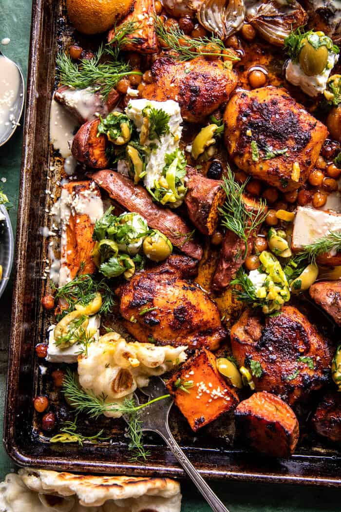 Sheet Pan Curry Butter Chicken with Sweet Potatoes and Tahini | halfbakedharvest.com