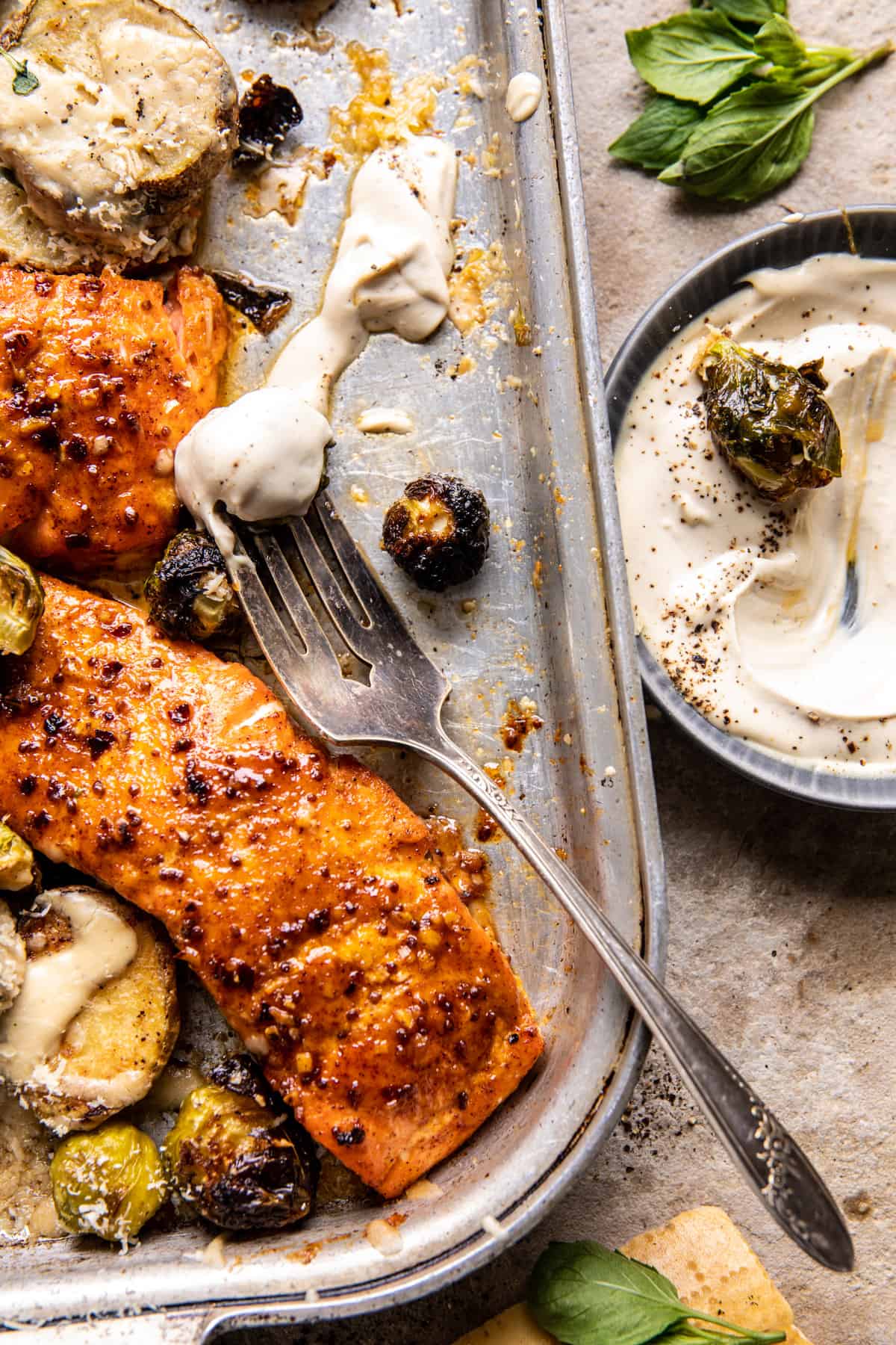 Sheet Pan Honey Mustard Salmon with Caesar Roasted Potatoes | halfbakedharvest.com