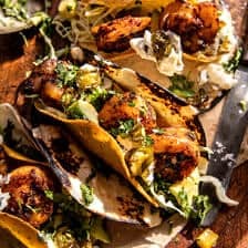 Sheet Pan Spicy Shrimp Tacos with Jalapeño Lime Crema | halfbakedharvest.com
