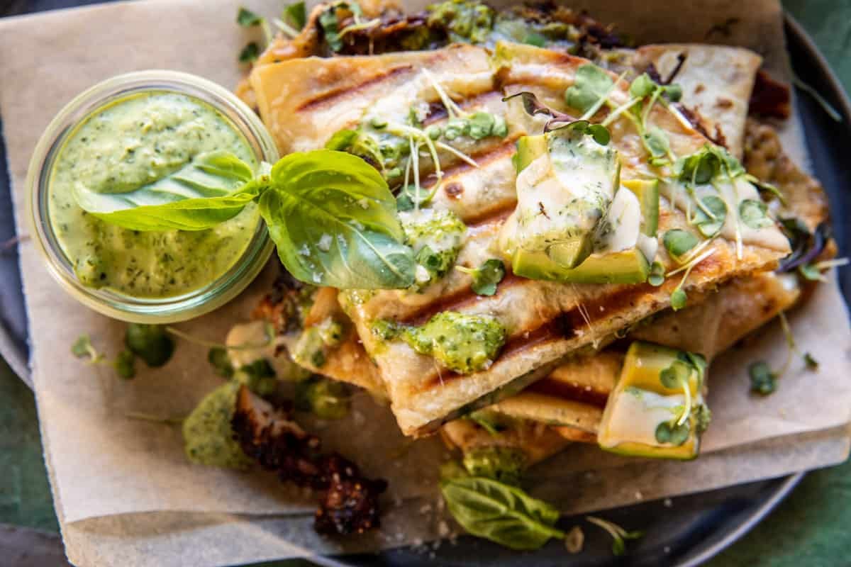 Black Pepper Chicken and Bacon Quesadillas with Avocado Basil Ranch | halfbakedharvest.com