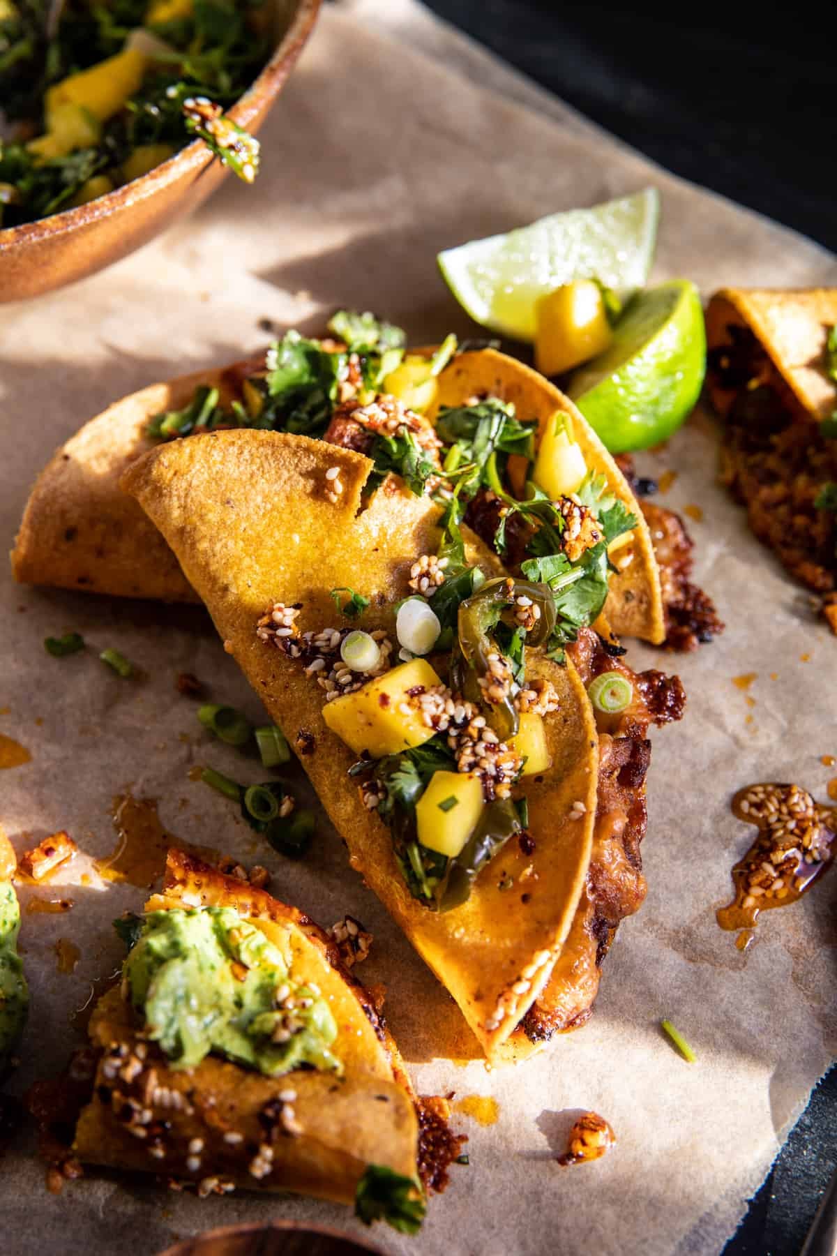 Chili Crisp Chicken Tacos with Spicy Mango Salsa | halfbakedharvest.com