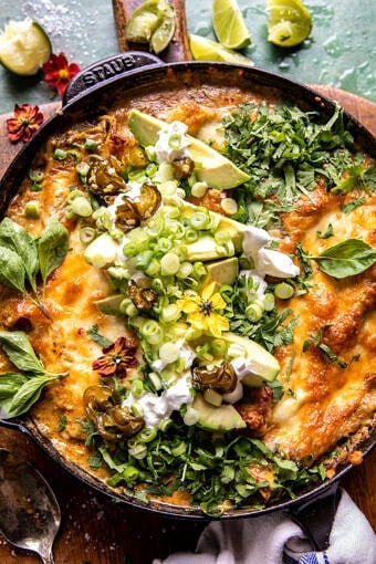 Easy Skillet Cheesy Green Chile Enchilada Bake | halfbakedharvest.com