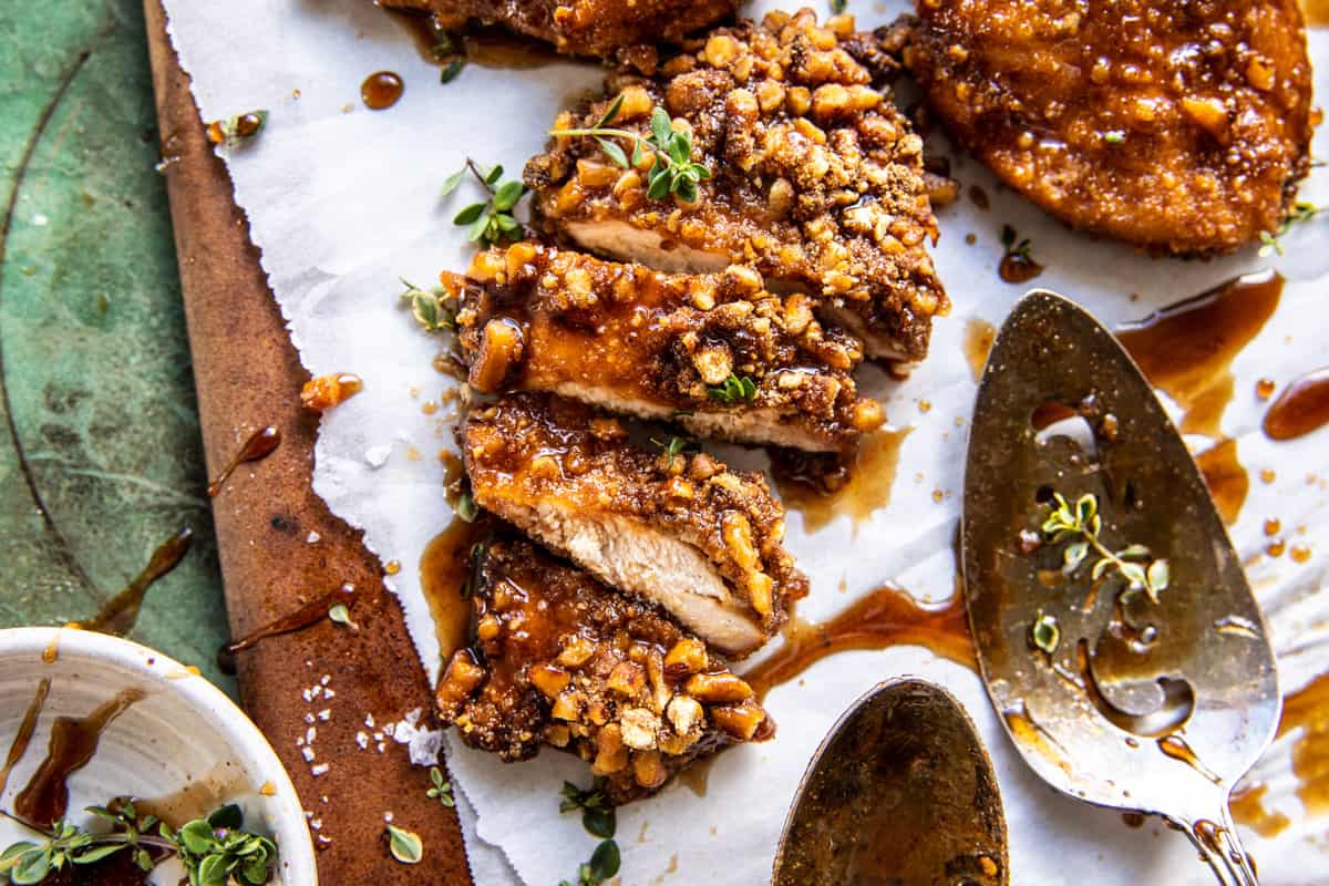 Baked Crunchy Pretzel Honey Balsamic Chicken | halfbakedharvest.com