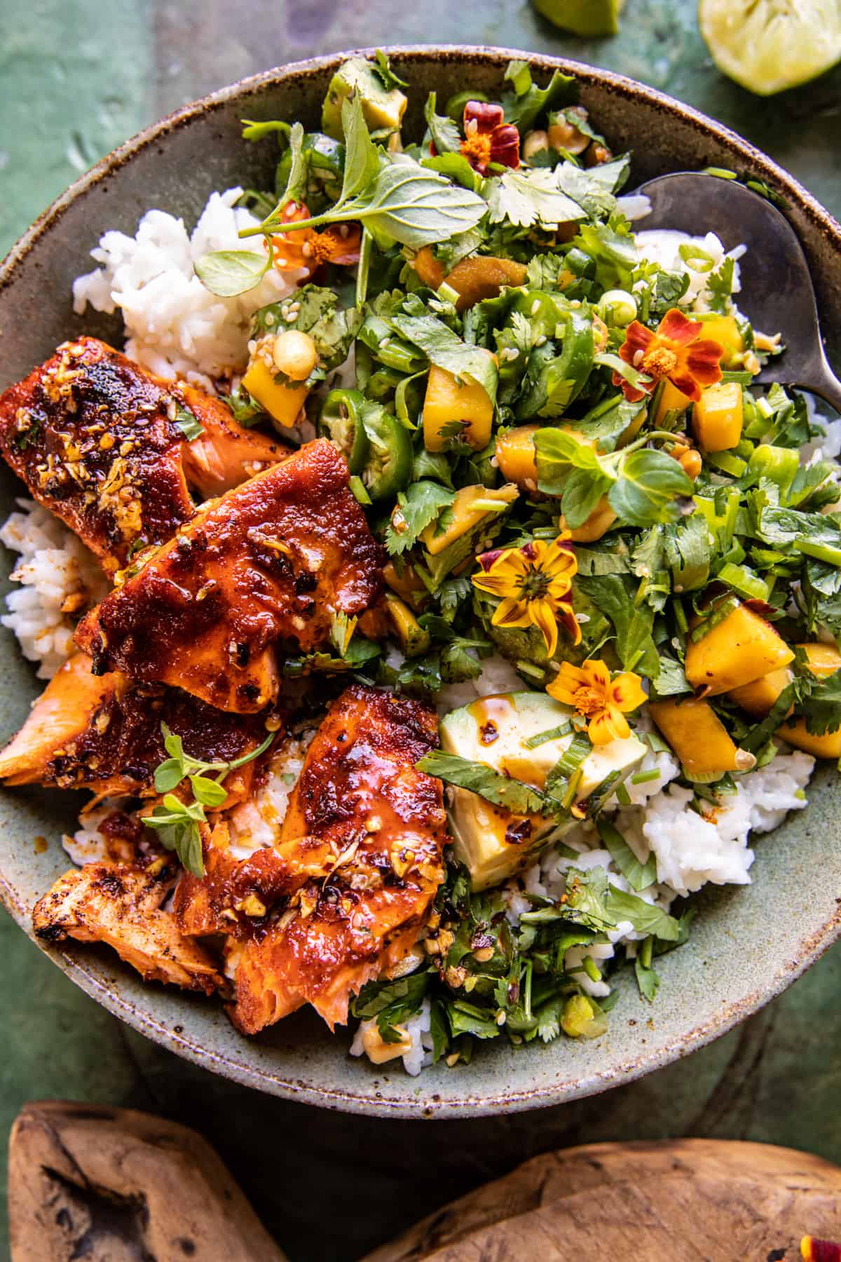 Chili Crisp Salmon Bowl with Avocado Mango Salsa | halfbakedharvest.com
