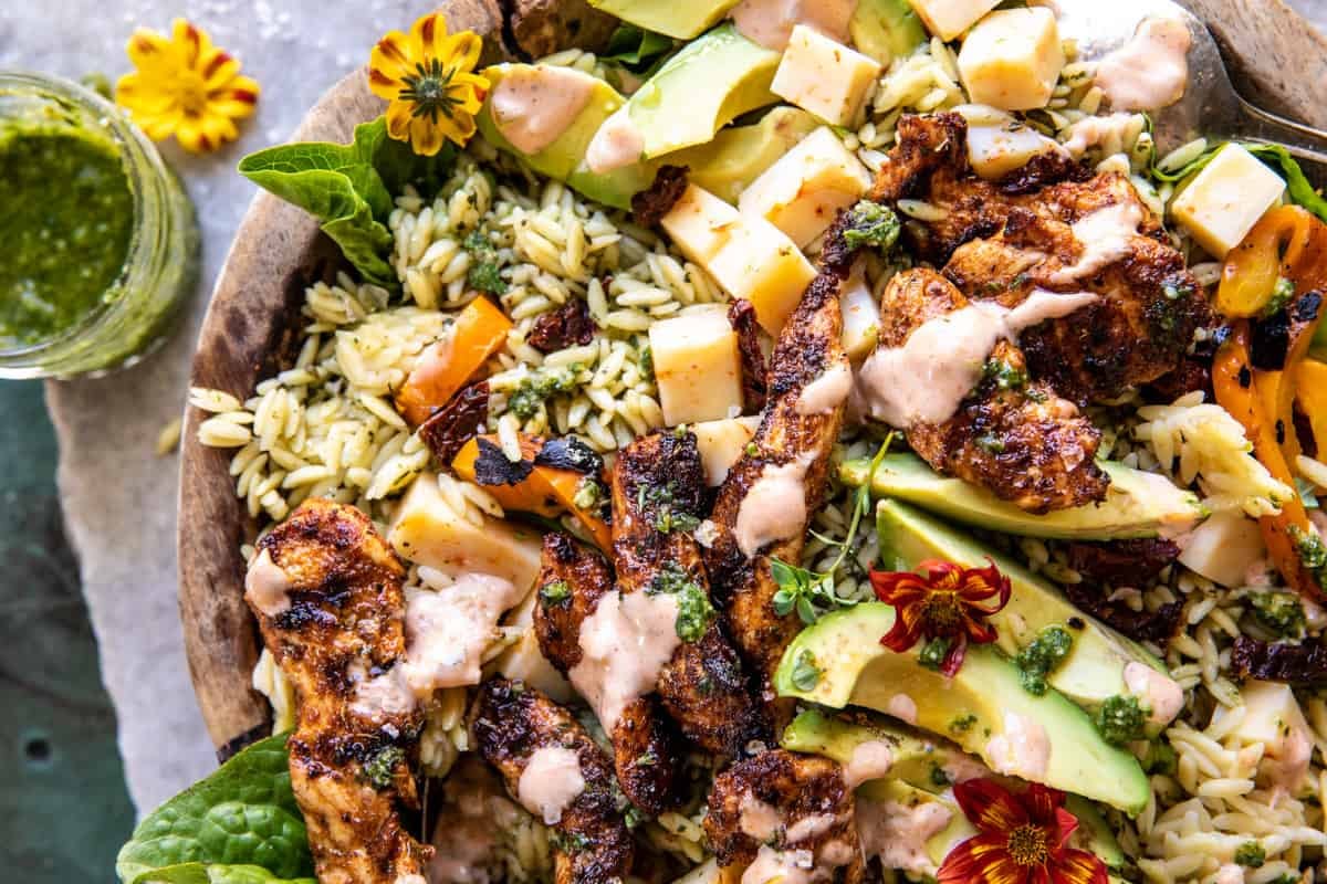 Pesto Chicken Avocado Orzo Salad | halfbakedharvest.com