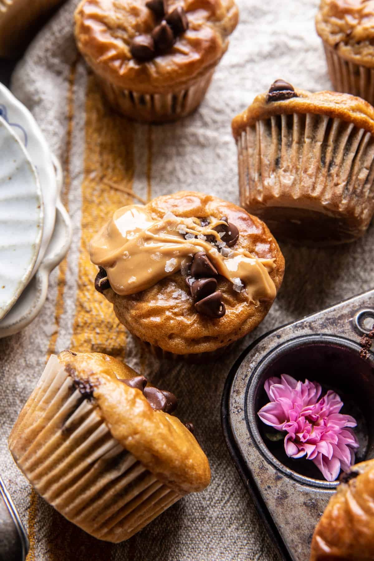 Blender Cottage Cheese Chocolate Chip Peanut Butter Banana Muffins | halfbakedharvest.com
