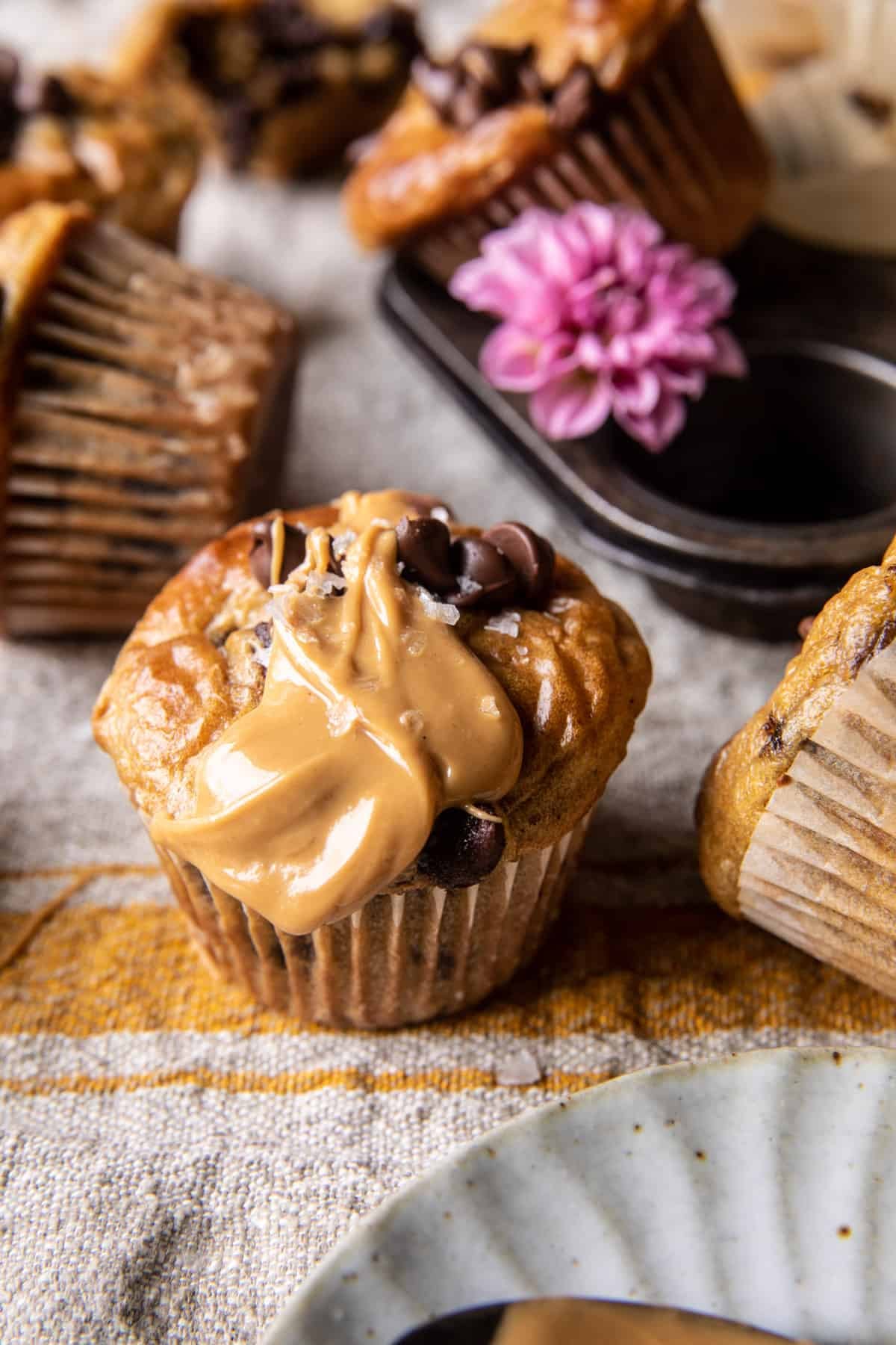 Blender Cottage Cheese Chocolate Chip Peanut Butter Banana Muffins | halfbakedharvest.com