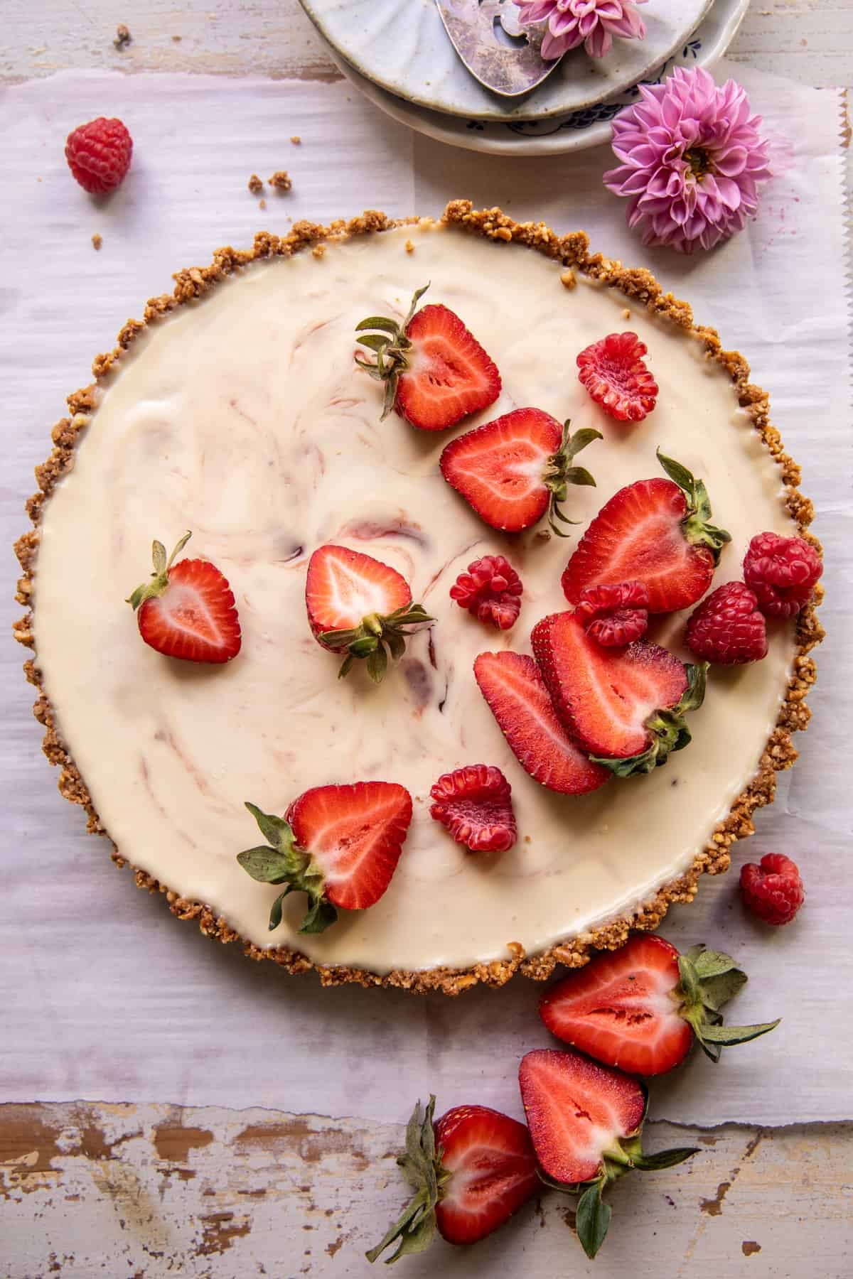 No Fuss Strawberry Cream Pretzel Tart | halfbakedharvest.com
