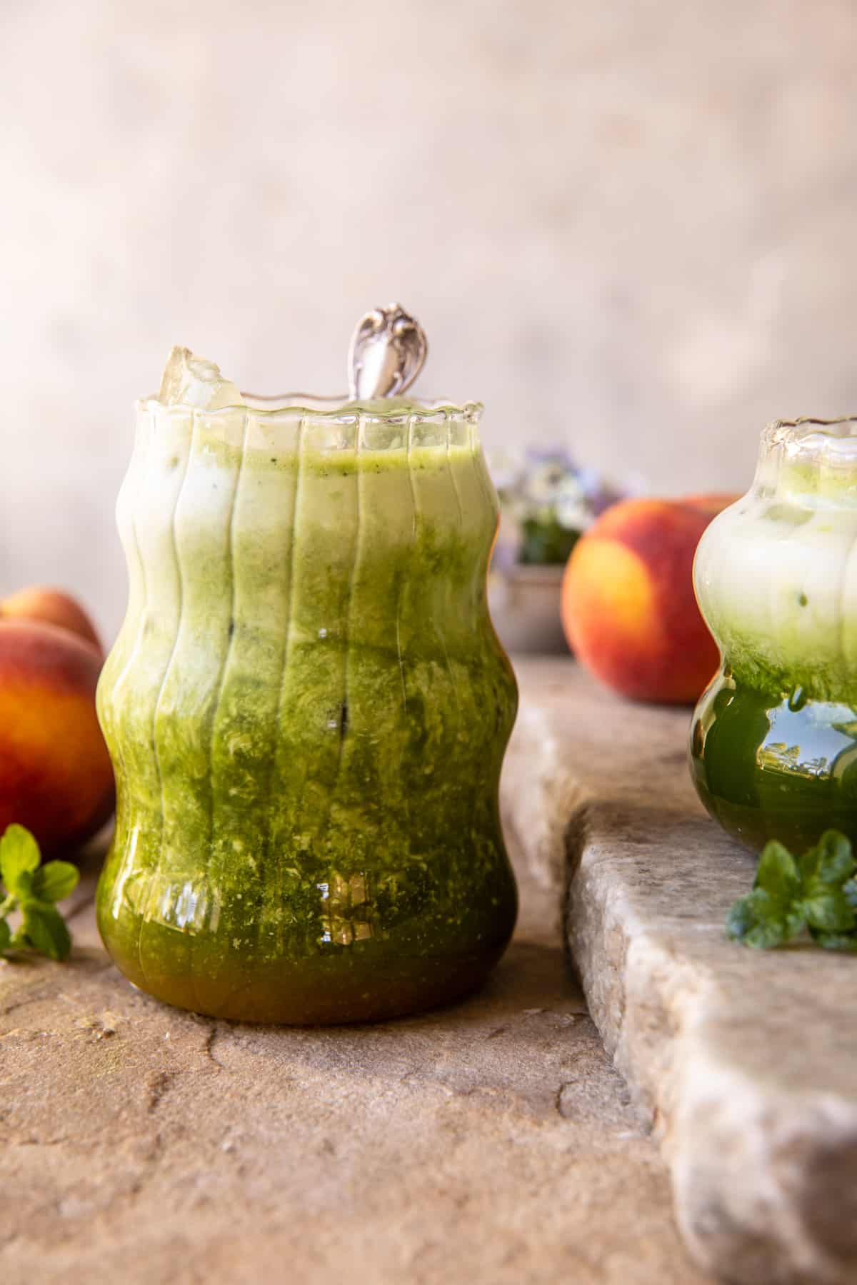 Iced Peach Lemonade Matcha Latte | halfbakedharvest.com