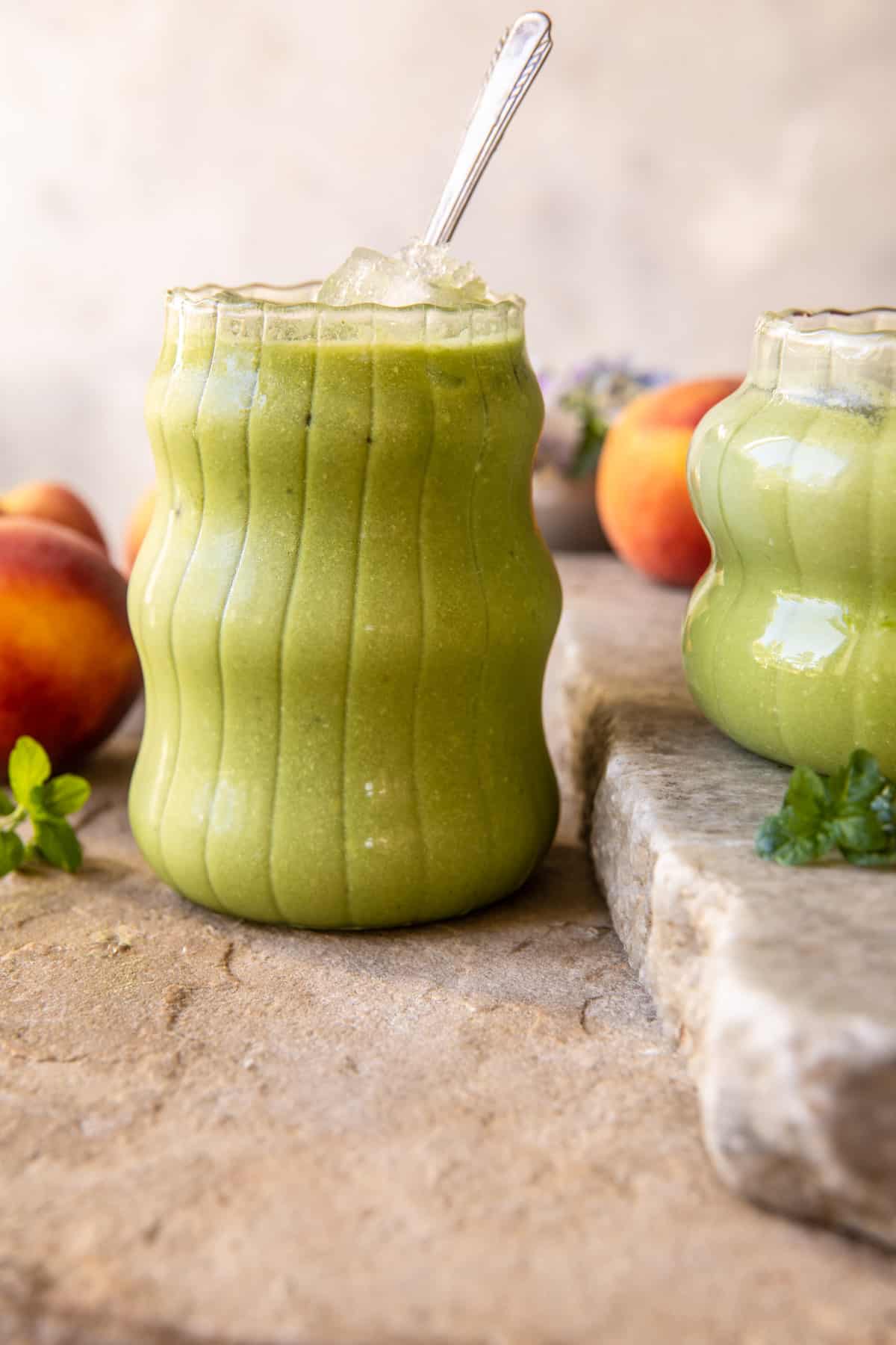 Iced Peach Lemonade Matcha Latte | halfbakedharvest.com