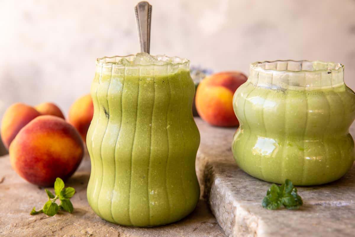 Iced Peach Lemonade Matcha Latte | halfbakedharvest.com