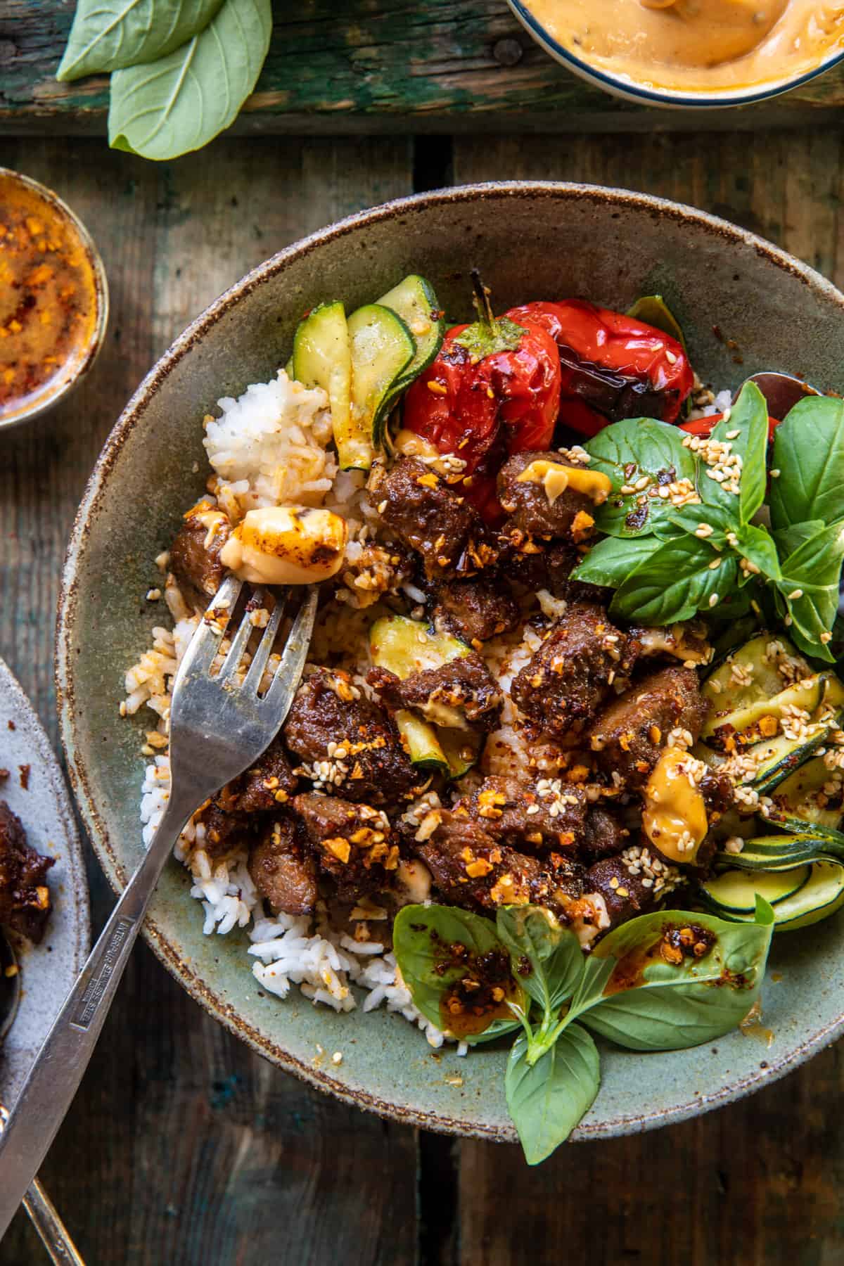 Sheet Pan Chili Crisp Beef Zucchini Rice Bowls | halfbakedharvest.com