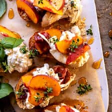 Peach Burrata Parmesan Crostini with Hot Honey | halfbakedharvest.com