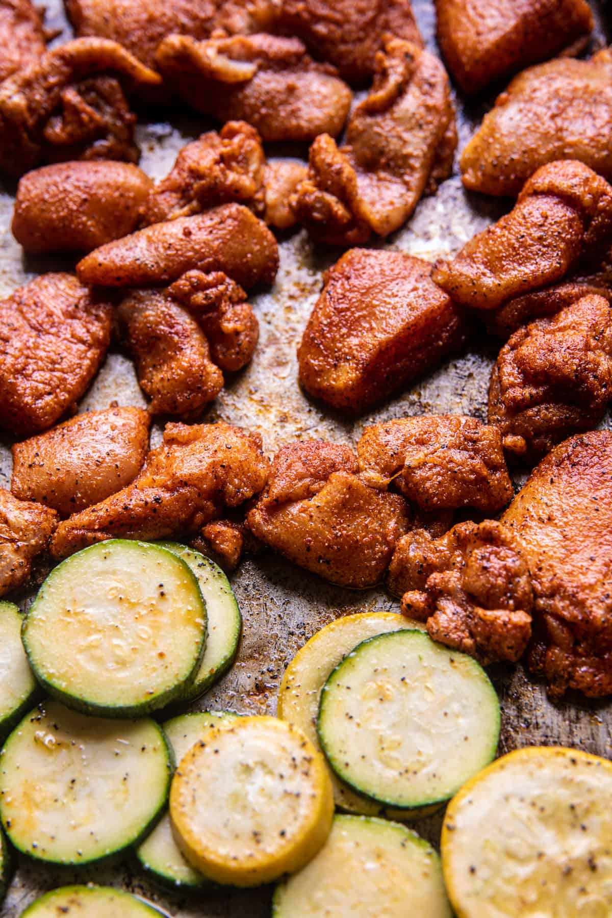 Sheet Pan Hot Honey Garlic Chicken and Zucchini | halfbakedharvest.com