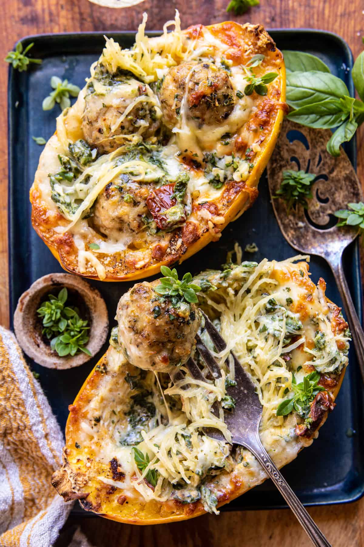 Garlic Butter Chicken Meatball Stuffed Spaghetti Squash | halfbakedharvest.com