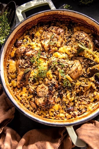 One Pan Roasted Herb Chicken and Wild Rice | halfbakedharvest.com
