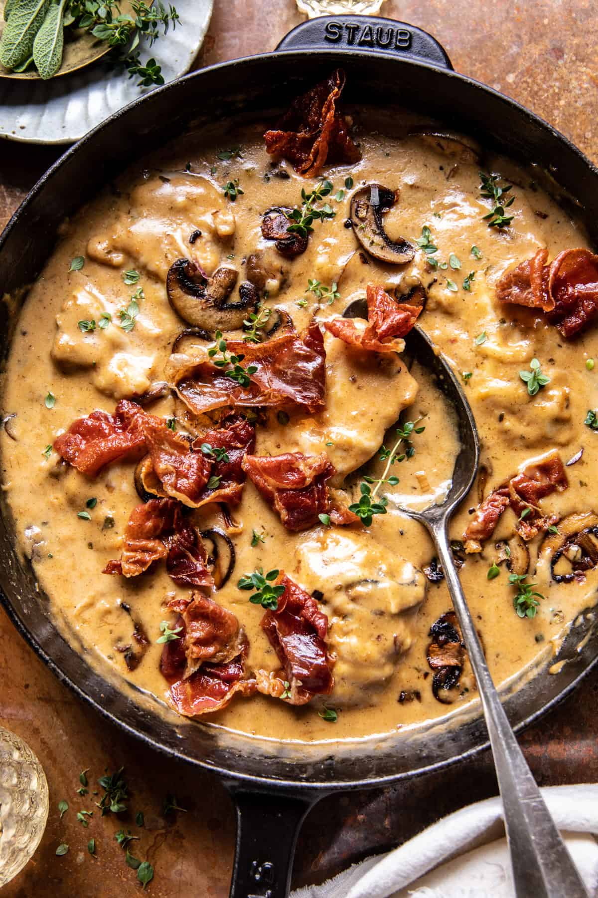 Smothered Chicken in Mushroom Wine Pan Sauce | halfbakedharvest.com
