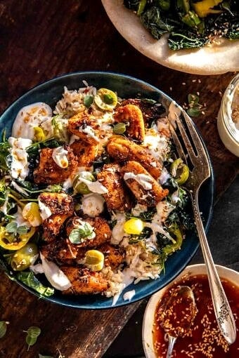 Greek Chicken Bowls with Tahini Feta Sauce | halfbakedharvest.com